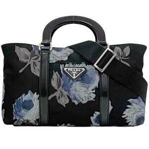 Prada Bag Black Blue Flower Tessuto Floral Flower Handbag Shoulder Crossbody